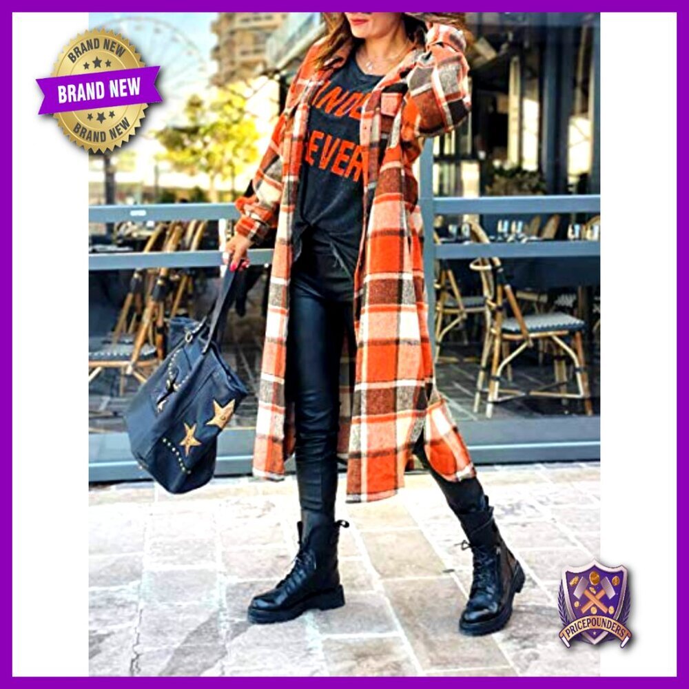 Oversized Flannel Trench Coat Classic Plaid Shacket Button Down Long - Picture 4 of 7